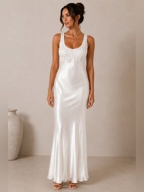 Vintage Cache Off-White Satin Maxi Dress | Small | Crinkled Bodice | Formal
